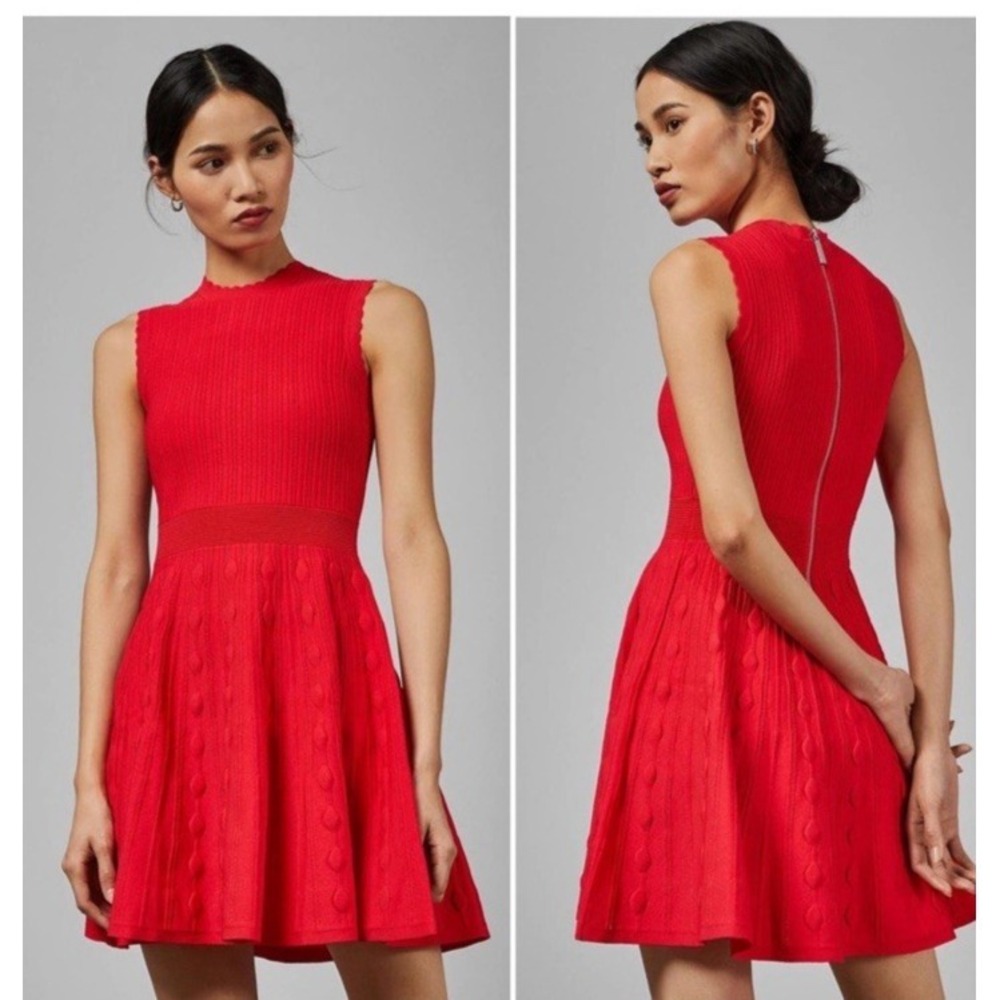 NWT Ted Baker Kamylia Knit Skater Dress 5 Red Career Interview Textured Stretch - Picture 2 of 15
